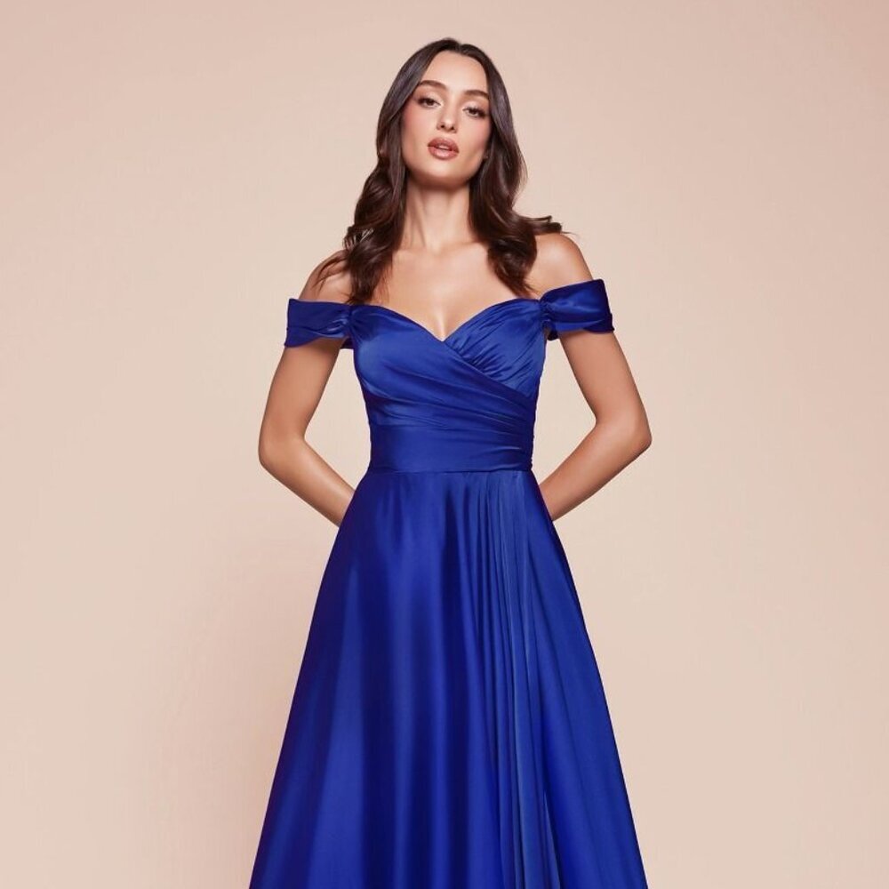 New Off Shoulder A-Line Long Plus Size Soft Satin Dress w/ Leg Slit CD 7493C